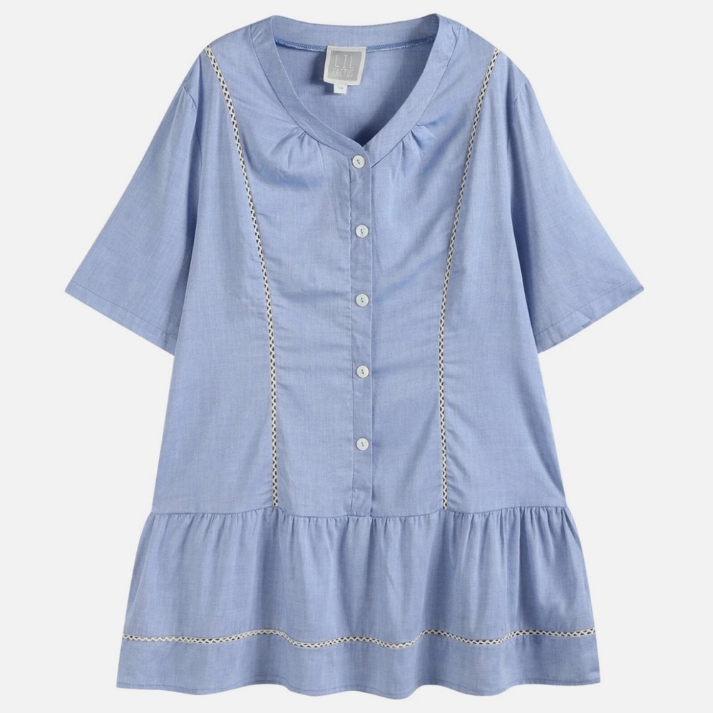 Light Blue Cotton Ruffle Embroidery Dress